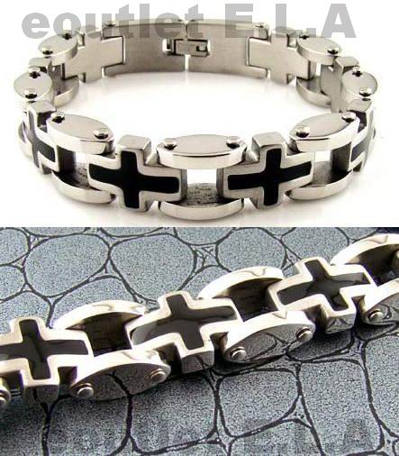BLACK ENAMEL CROSS STAINLESS STEEL BRACELET-14x220mm