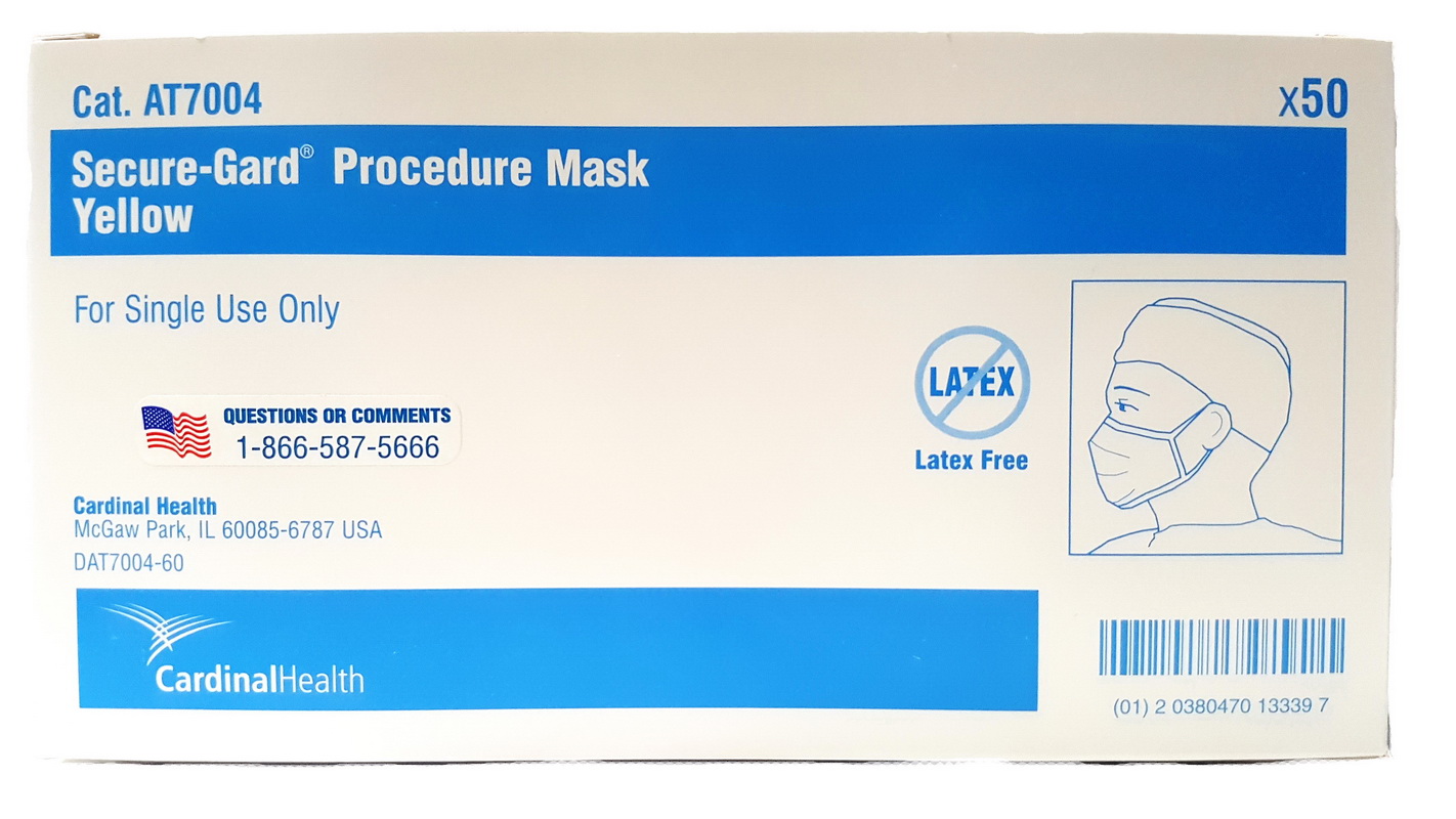 50X Cardinal Health Secure-Gard� Surgical Face Mask 3-PLY Yellow