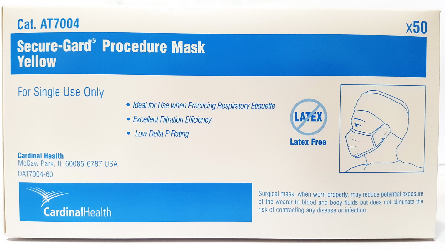 50X Cardinal Health Secure-Gard� Surgical Face Mask 3-PLY Yellow