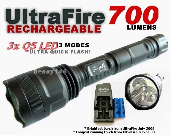 UltraFire Q5 CREEx3 A.I. 700 Lumens Rechargeable Torch