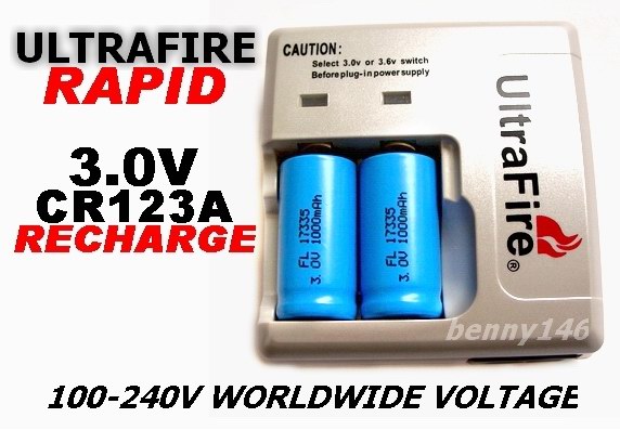 2X CR123A 3.0V 1000mAh Rechargeable Batt w/Charger